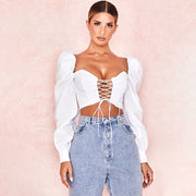 Lantern Sleeve Lace up Strap Tops - WREN