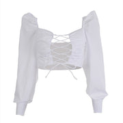 Lantern Sleeve Lace up Strap Tops - WREN